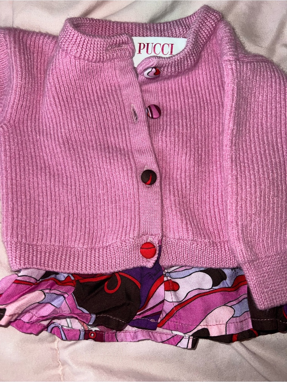 Emilio Pucci Pink Knit Cardigan with Multicolor Printed Hem
